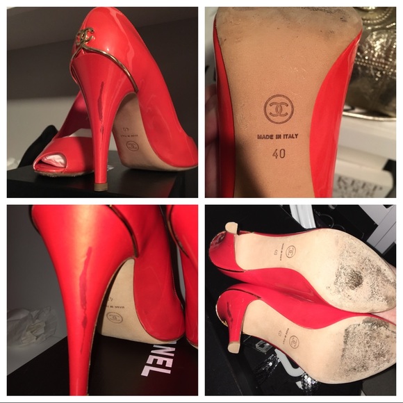 Chanel Coral Red Gold CC peep toe Heels - Picture 4 of 7